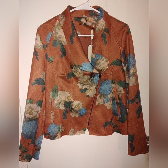 Elie Tahari Faux Leather Brown Hydrangea Jacket Sz.L NWT - Picture 3 of 10